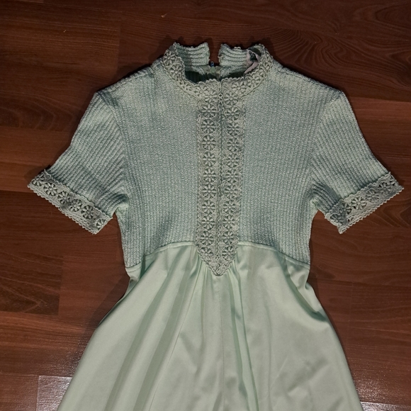 Vintage 70s Maxi Prom Dress Seafoam Pastel Green Lace trim babydoll Flare - Picture 4 of 12